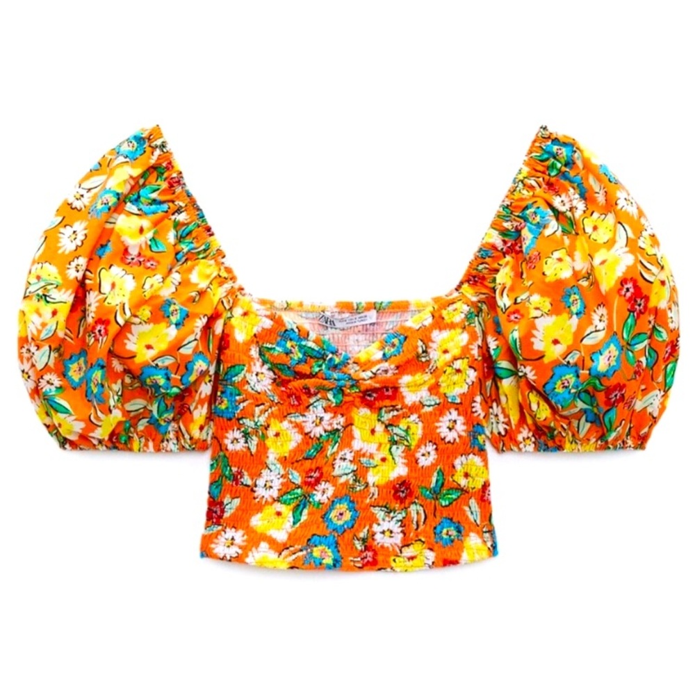 S 🔖 Zara Womens Balloon Sleeve Crop Top Flounce Shirt Orange Floral 1131/809